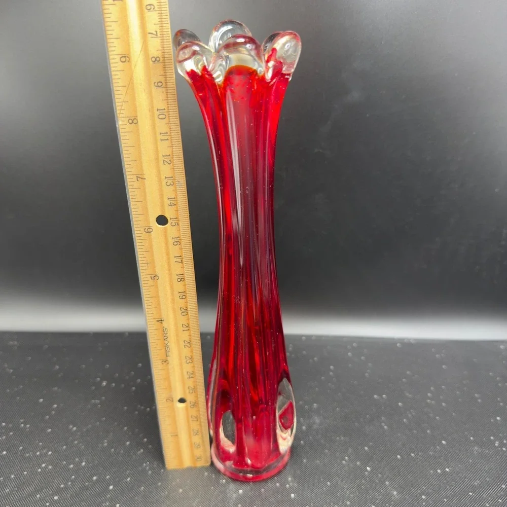 Vintage Ruby Red Swung Glass Bud Vase Ruffled Finger Rim Mid Century Modern‎ VTG